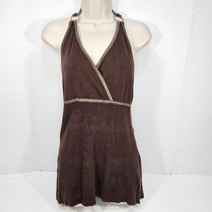 Cache Y2K Vintage Brown Metallic Gold Trim Shimmer Backless Halter Top Size L